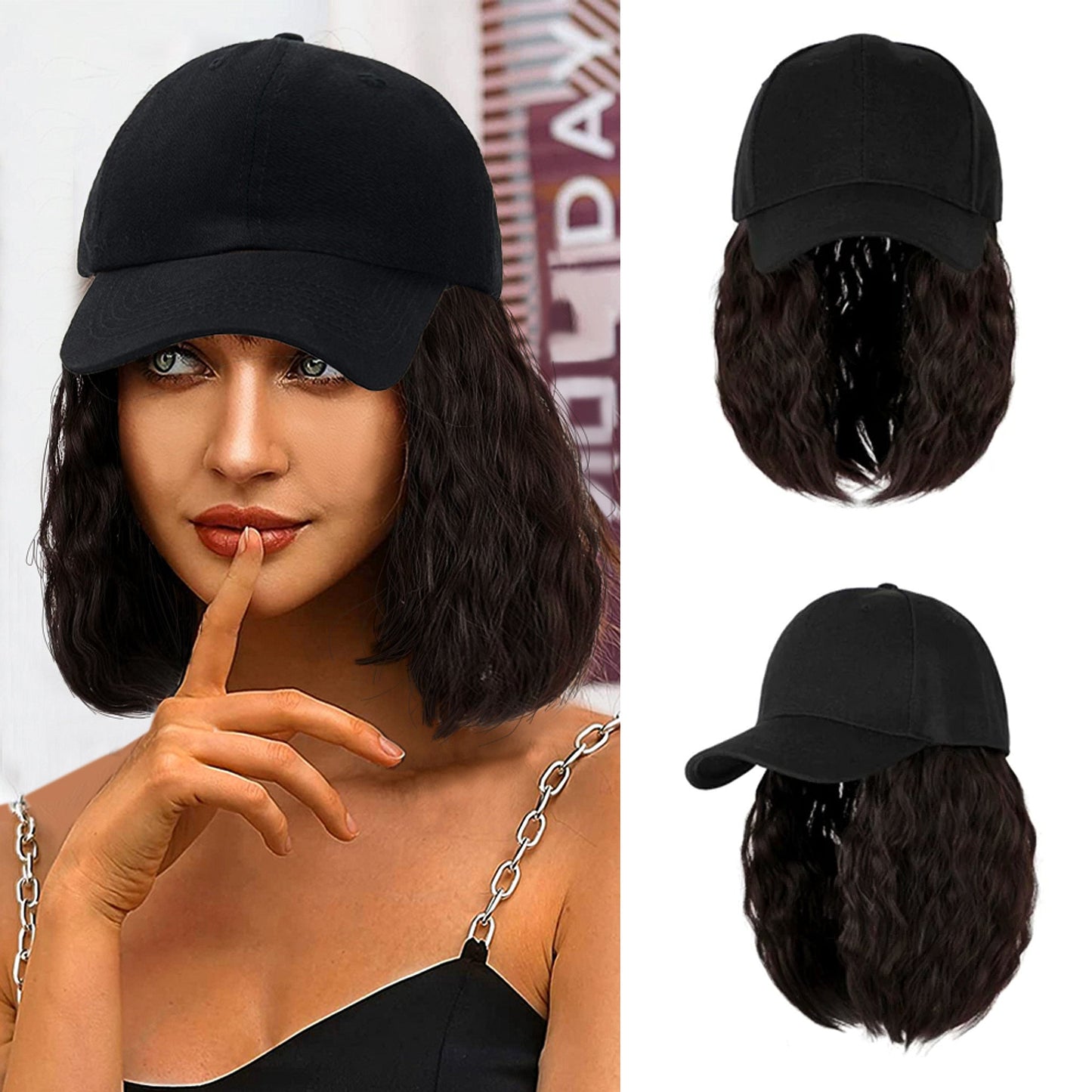 Ins Hot Baseball Cap Hair with 14 inch Wave Curly Bob  Wig